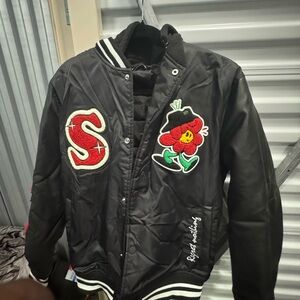 Zara Black Varsity Jacket with Red and White Accents